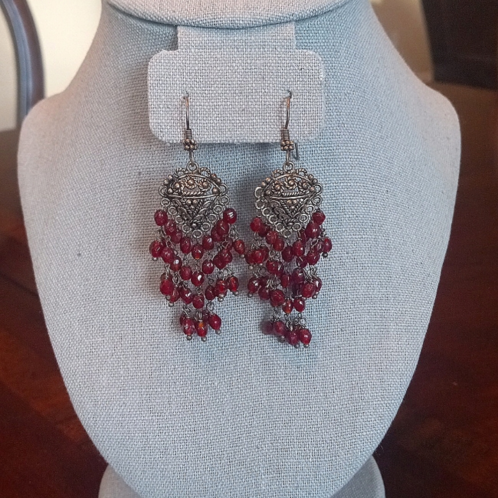 Antique Silver & Garnet Red Beaded Chandelier Fishhook Earrings